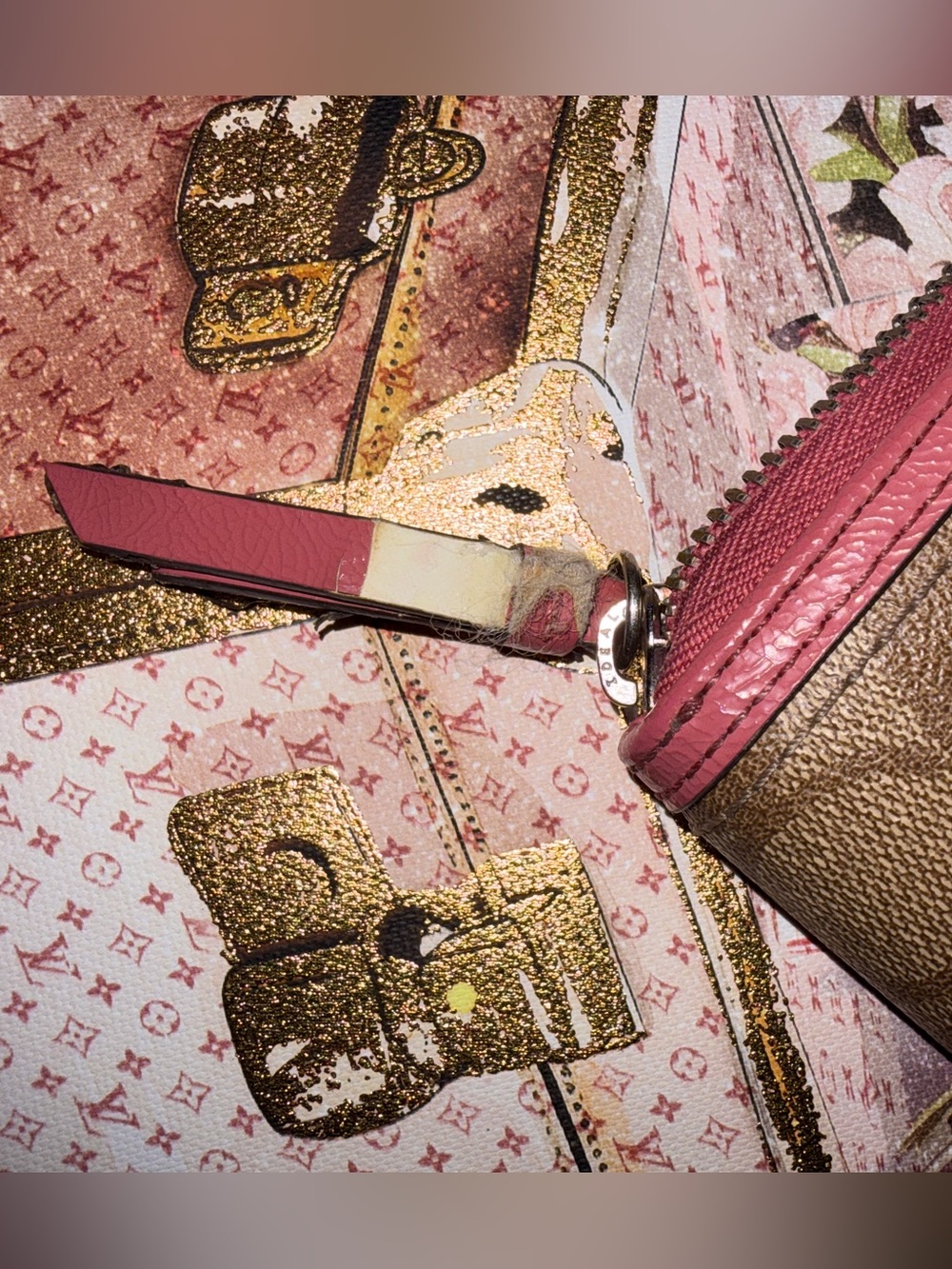 Coach Coated Canvas Tan Monogram Zip Closure Wallet with Pink Trim - Picture 8 of 12